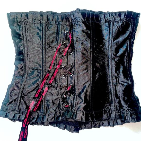 Burlesque Corset Black Satin Lace Up Ribbed Ruffle Fairy - Picture 1 of 8